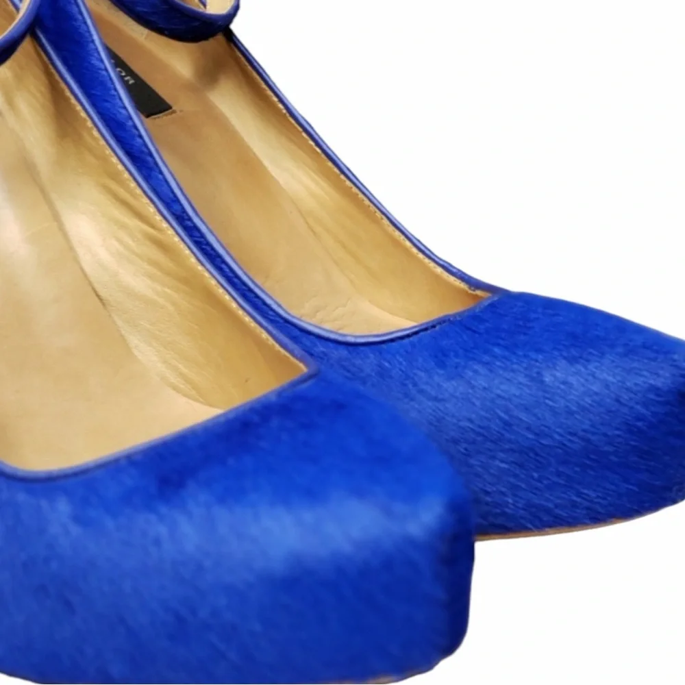 Ann Taylor cobalt blue-platform calf hair wedge heels with ankle buckle strap 7